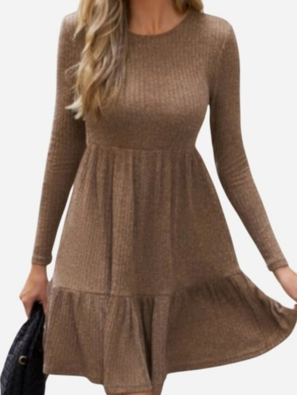 BRAND NEW Heathered Taupe, Mocha Brown Ribbed Long Sleeve Flounce Dress - Picture 8 of 10